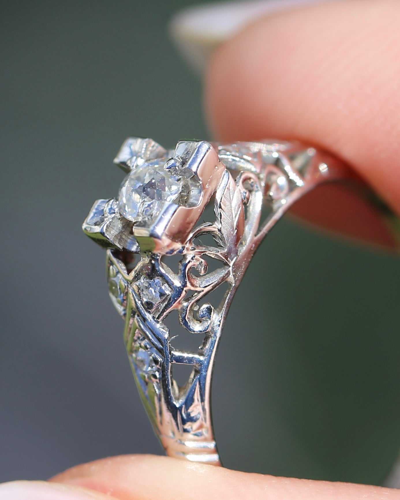0.188ct Old Cut Diamond Solitaire, 18ct White Gold Filigree, size L or 5.75, 2.0g