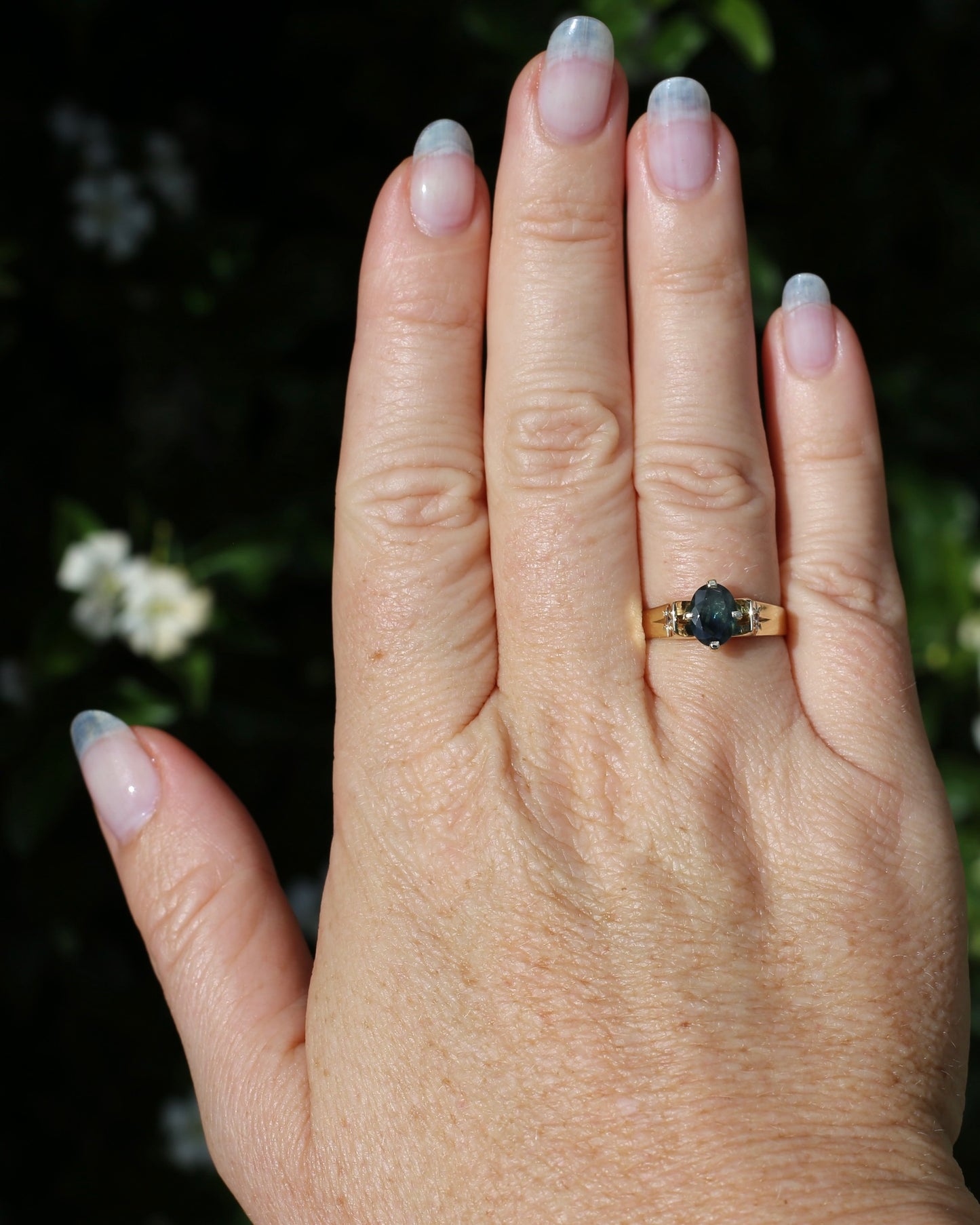 Circa 1970s 1.2ct Oval Australian Parti Sapphire Ring with Star Set Diamond Side Stones, 9ct Yellow Gold, size R1/2 or 8.75, 3.28g