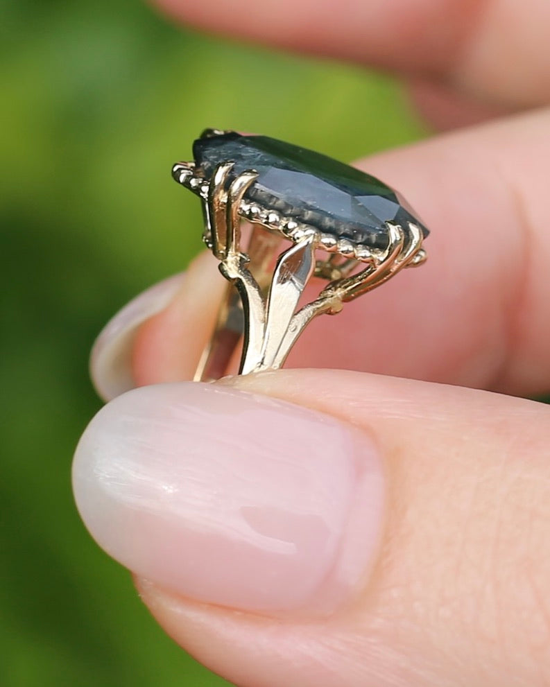 8.4ct Opaque Blue Sapphire, in Four Double Claw Filigree 9ct Yellow Gold Ring, size J or 4.75, 3.53g