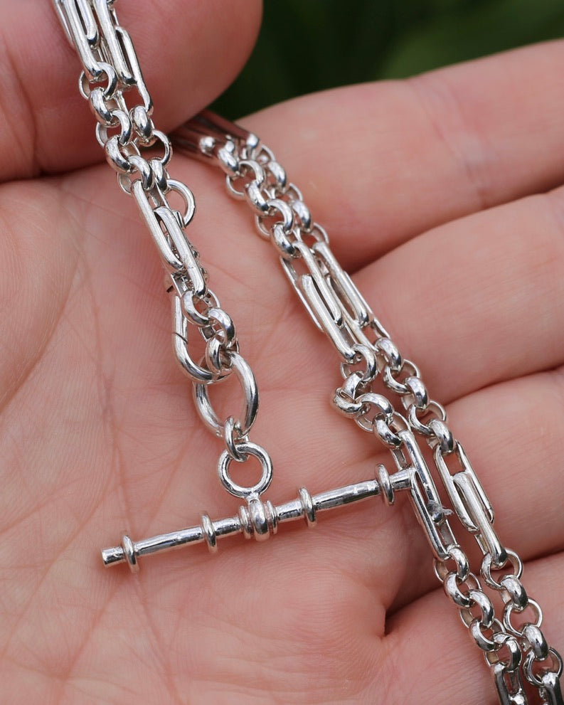 Trombone and Belcher Chain with Single Albert Swivel Clasp and T-bar, 45cm or 17.75 inches, 17.8g
