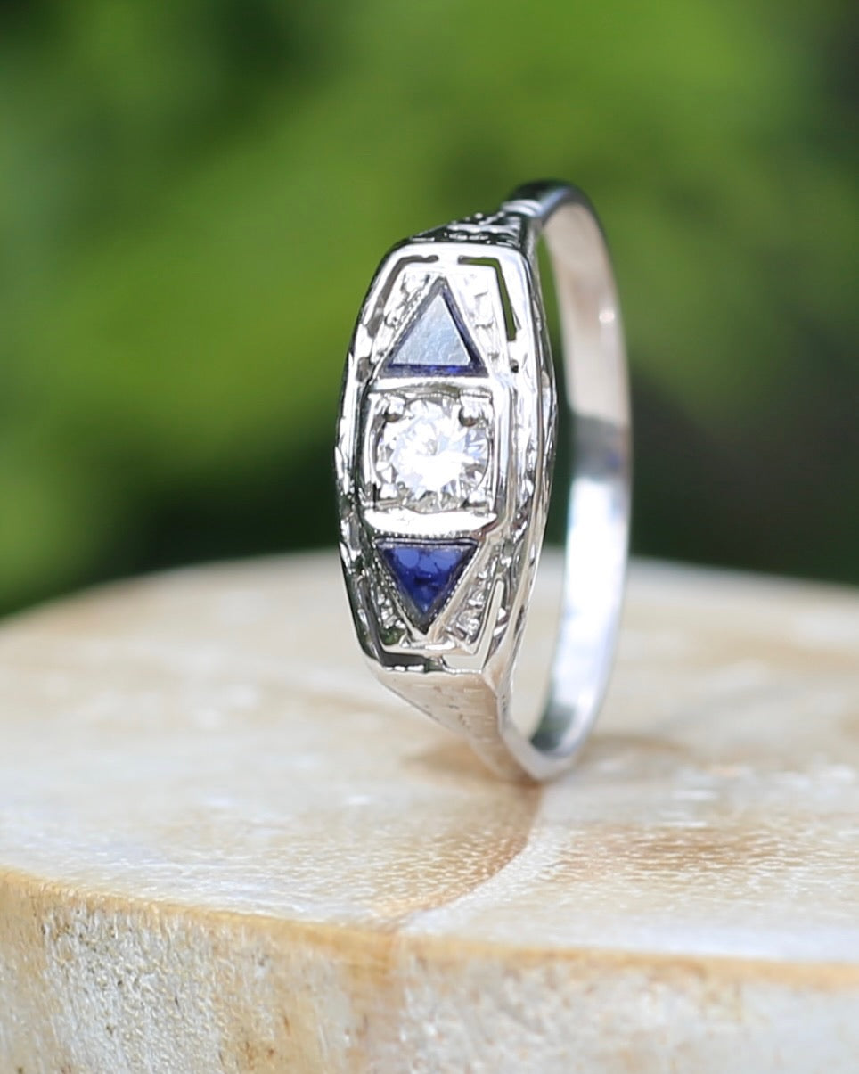 Art Deco Diamond and Sapphire Trilogy in Raised Handmade Engraved Floral Setting, 14ct White Gold, size U or 10 - offering free resize down to 7 or O, with valuation