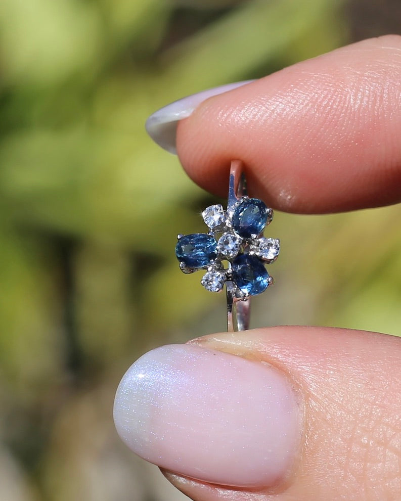 Vintage Parti Sapphire and White Quartz Cluster Ring, 9ct White Gold, size M or just over 6, 1.7g