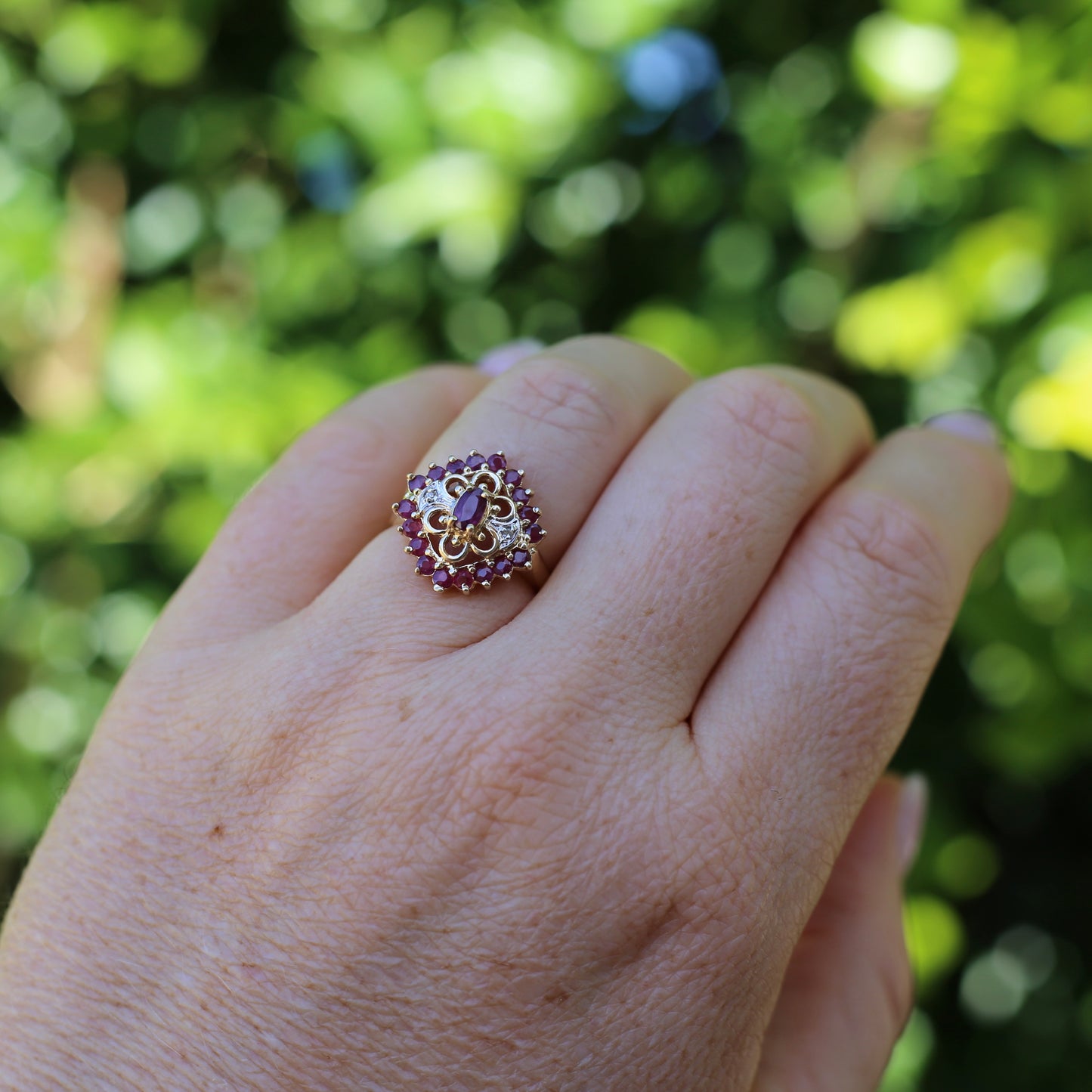 Ruby and Diamond Filigree 14ct Yellow Gold Ring, size M or just under 6.5