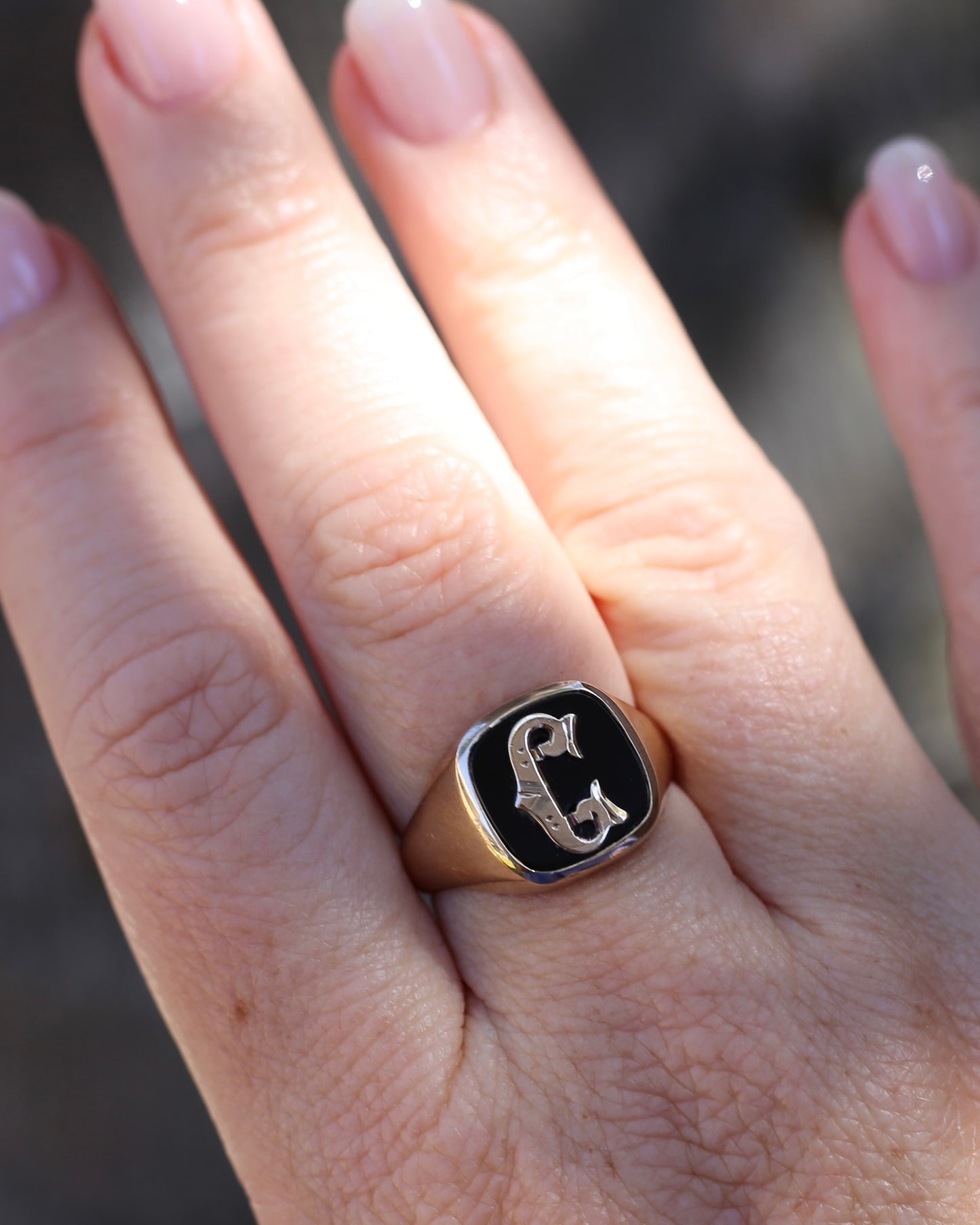 Vintage "C" Onyx Signet Ring, Bezel Set, Older Rosey Gold, size 9.5 or T