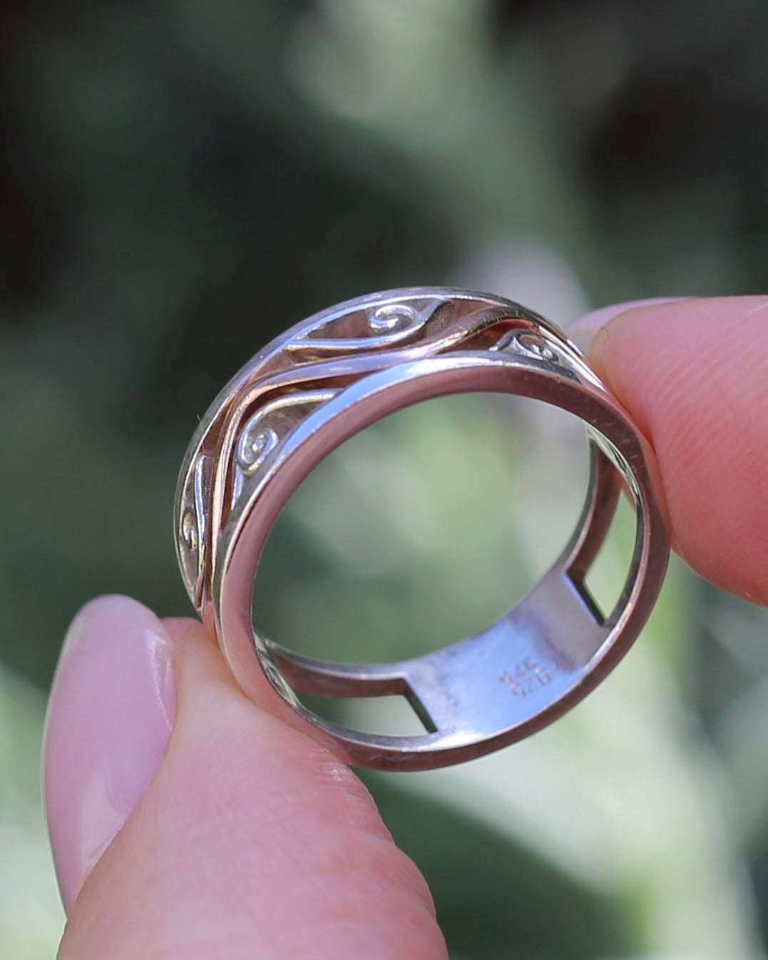 Silver and Rose Gold Filigree Swirl Band, Sterling Silver and 9ct Rose Gold, size P or 7.5 (fits more like an O)