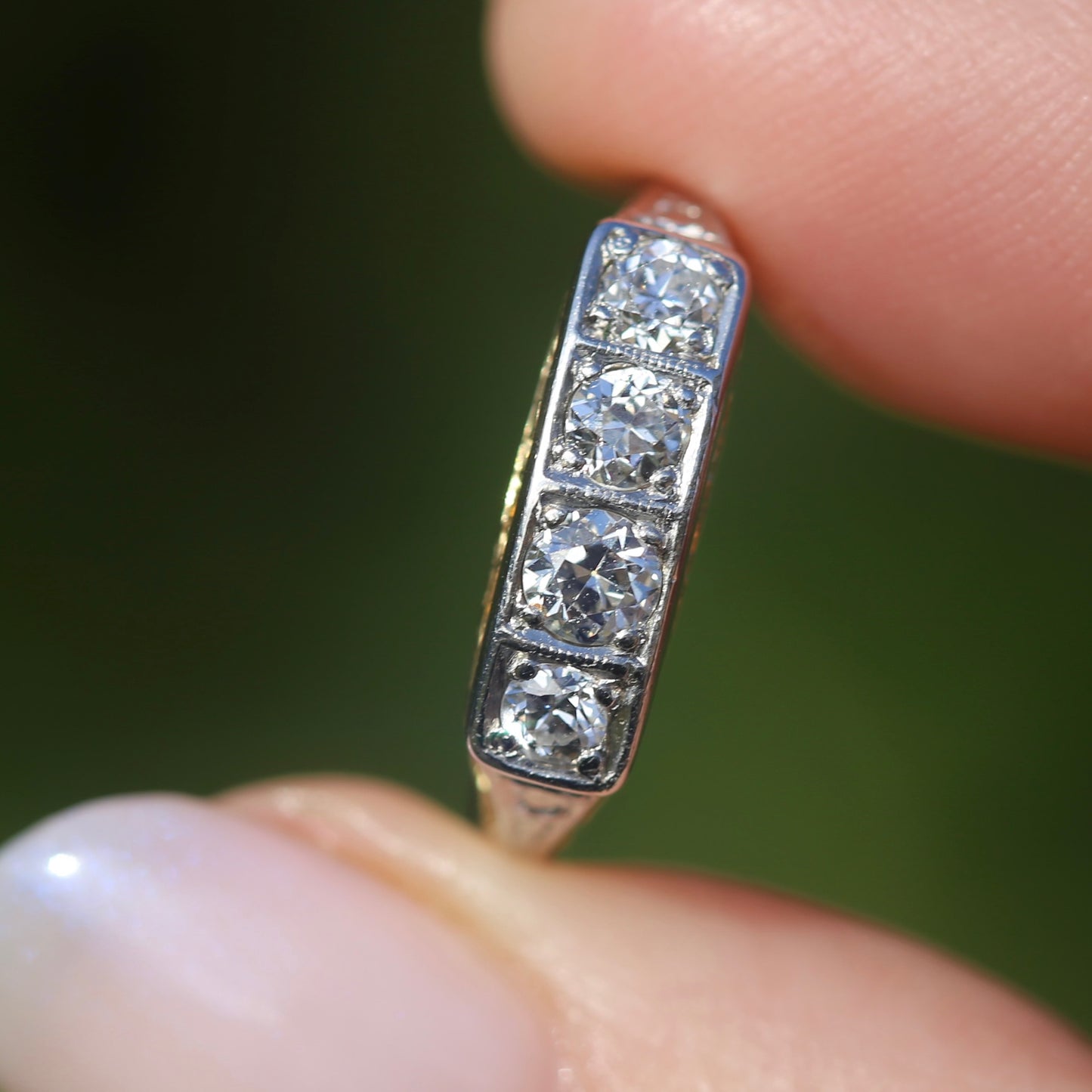 1930s 4 Stone Transitional Cut Diamond Mixed Metal Ring, 18ct Yellow Gold & Platinum, size M or just bigger than 6