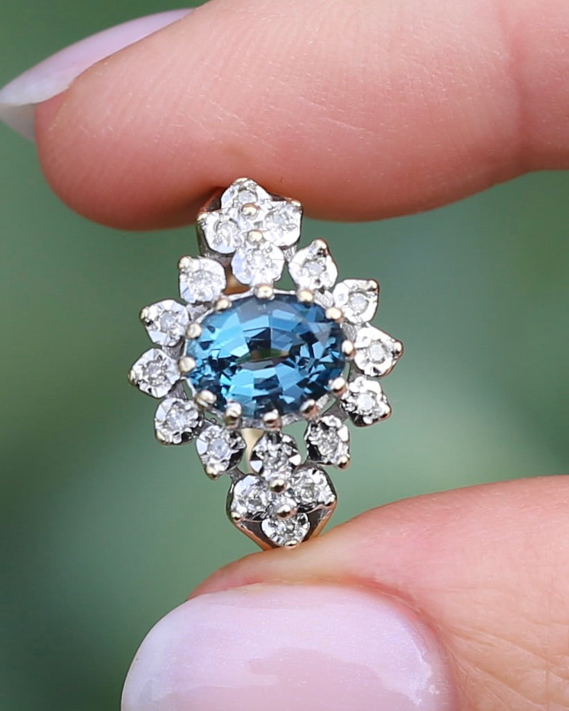 1989 Blue Zircon and Diamond Halo Ring, 9ct Yellow and White Gold, size N1/2 or 7, 3.18g