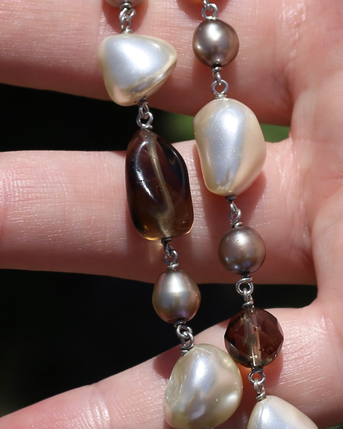 Baroque White Pearl, Grey Pearl and Smoky Quartz Neckalce, Silver Clasp and Findings, 43g