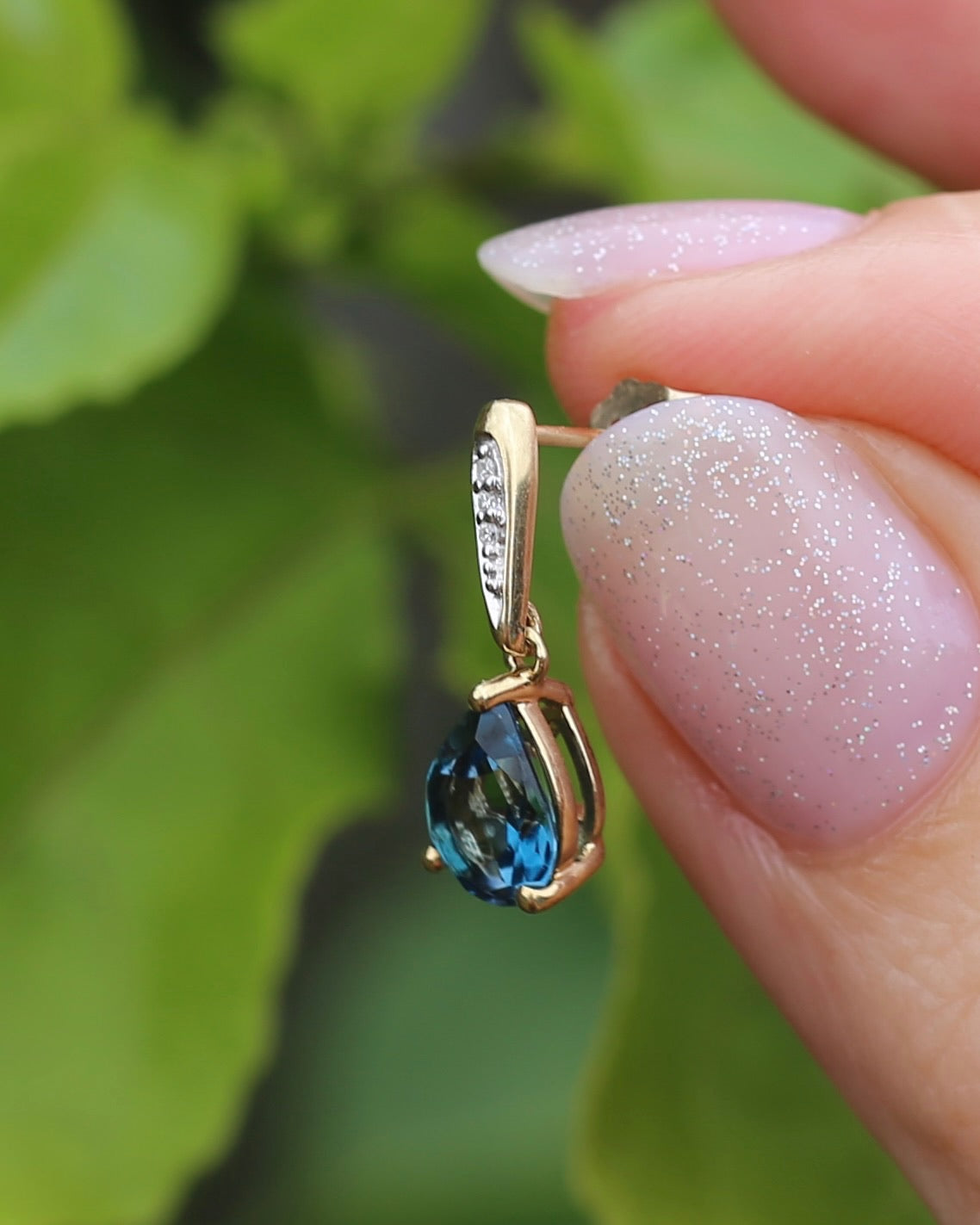 Pear Cut London Blue Topaz Earrings on Illusion Diamond Set Stud Posts, 9ct Yellow Gold, 14ct YG butterflies, 1.87g