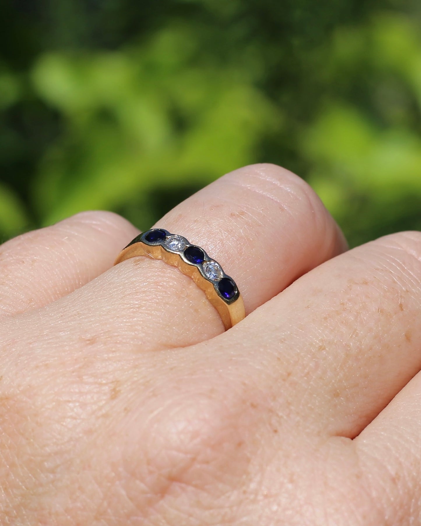 Second Glance - Five Stone Sapphire and Diamond Semi Bezel Ring, 9ct Yellow Gold, approx size N or 6.75 with Arthritis Balls, 2.42g