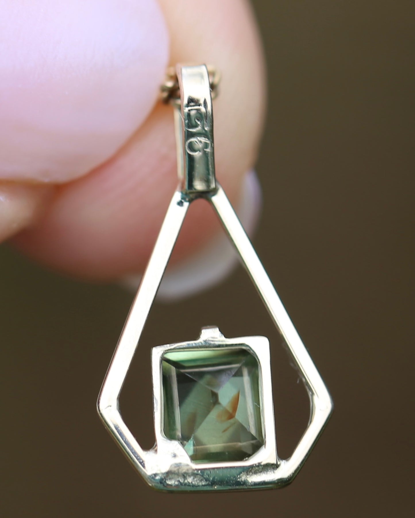 Modified Carre Cut Unheated Green Natural Sapphire in Handmade Vintage Pendant, 9ct Yellow Gold, 0.78g