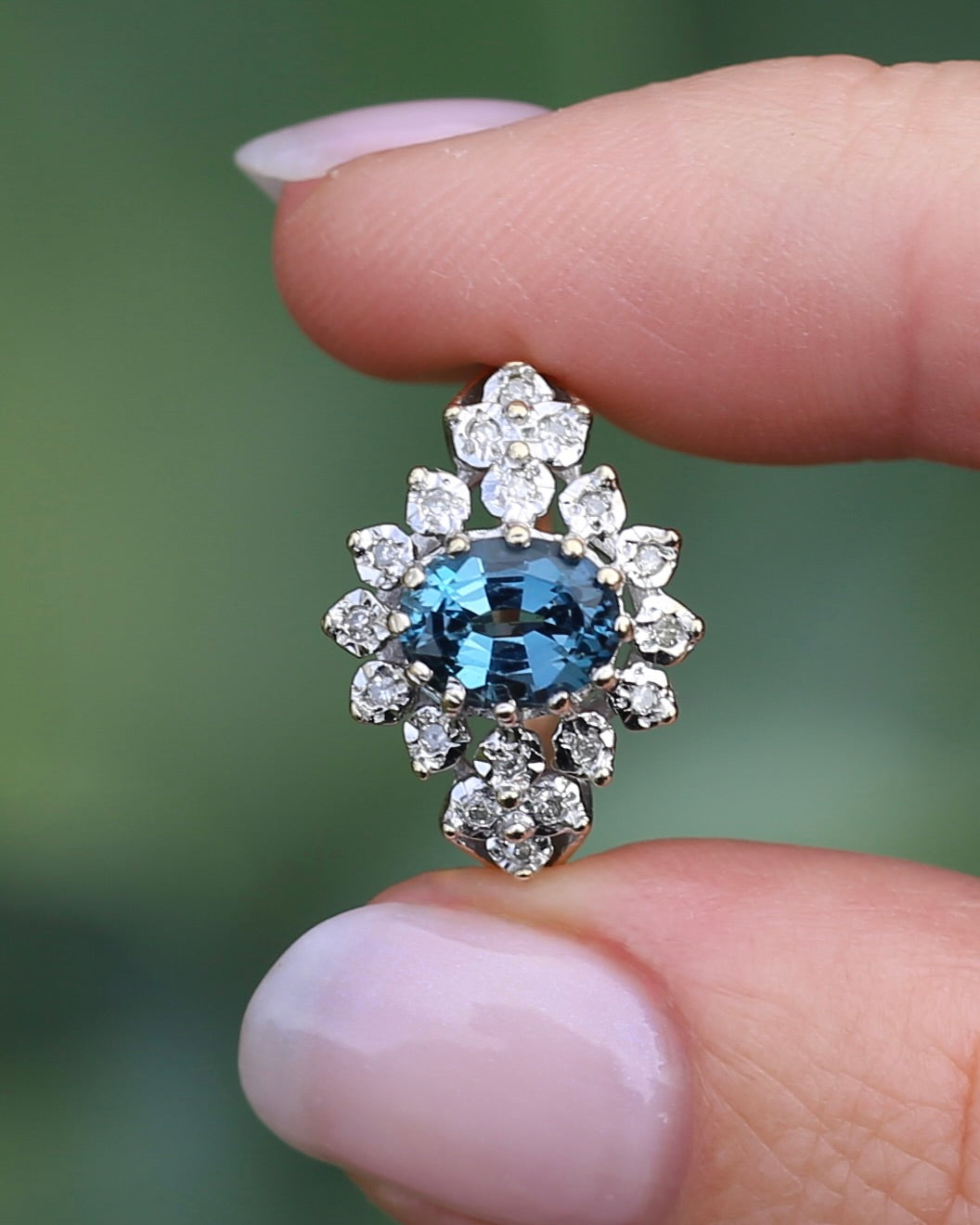 1989 Blue Zircon and Diamond Halo Ring, 9ct Yellow and White Gold, size N1/2 or 7, 3.18g