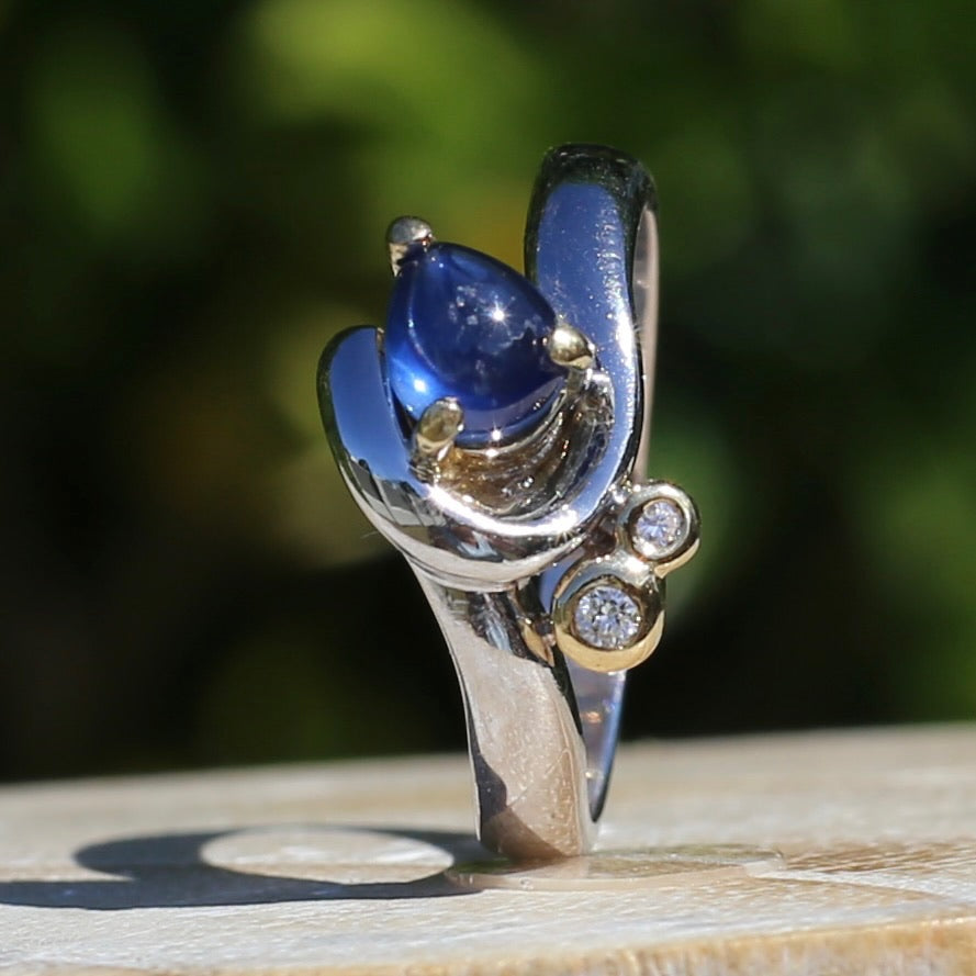 Chunky Asymetrical Mixed Metal Pear Sapphire Cabochon and Diamond ring, 18ct Yellow and White Gold, size 7.5 or just over O1/2