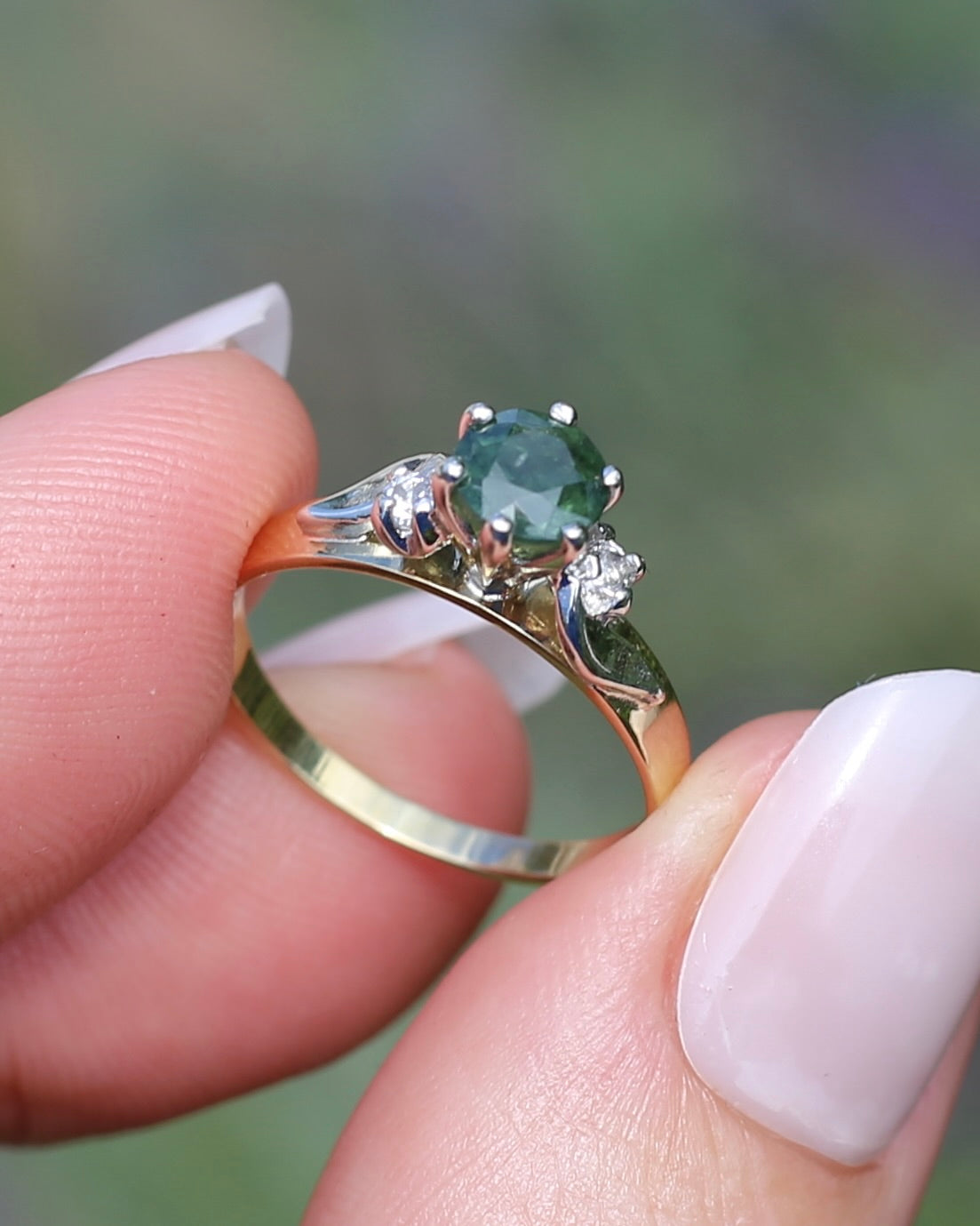 1ct Natural Green Sapphire Ring with White Spinel Side Stones, Silver and 9ct Yellow Gold, size M or 6.25, 2.1g
