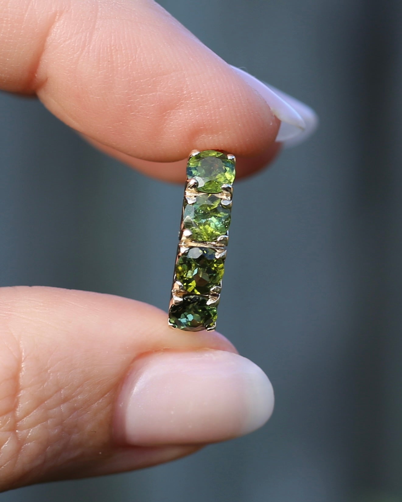 1.75ct Four Stone Natural Green Tourmaline Ring, 9ct Yellow Gold, size N1/2 or just over 6.75, 2.37g
