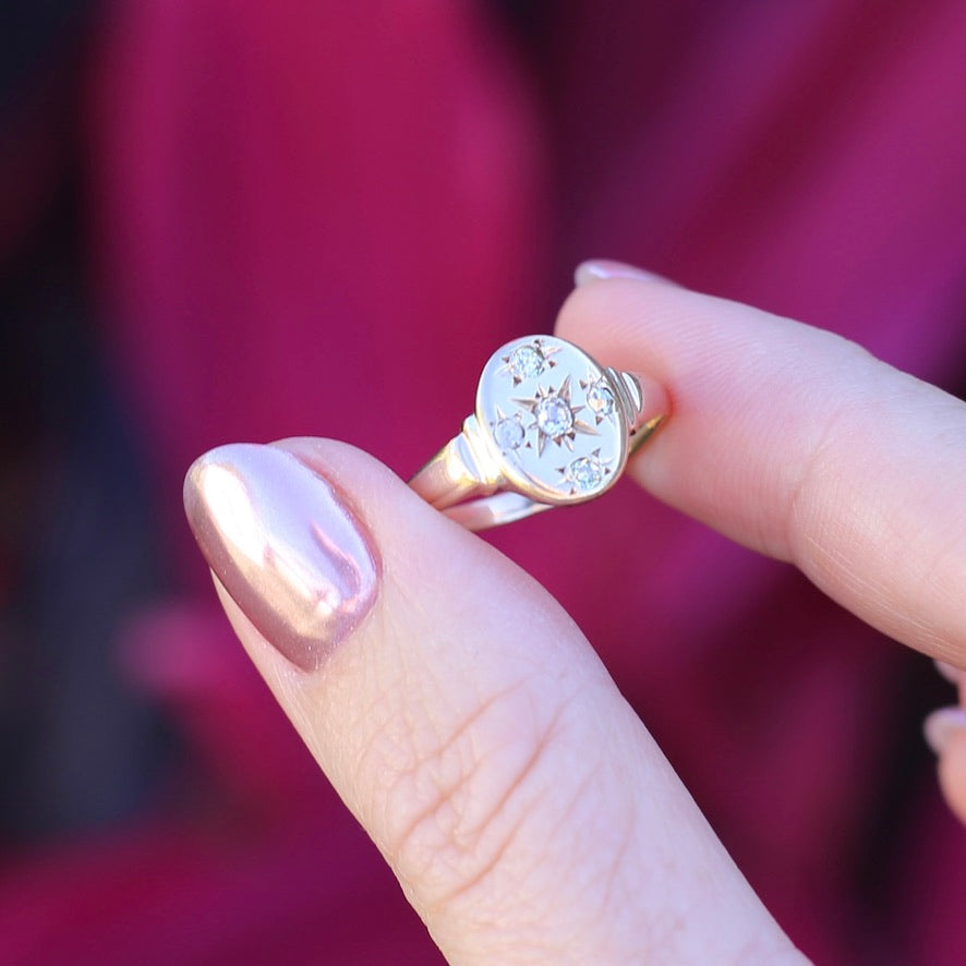 Early Australian Joseph Lawrence Signet Ring, Star Set with 5 Old Cut Diamonds, size T or 9.5