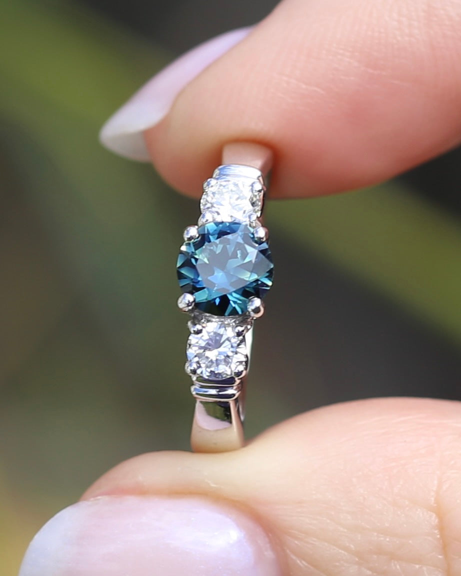 Unheated Eye Clean Parti Sapphire and Natural Diamond Trilogy, 9ct White Gold, size O1/2 or 7.5, 3.01g, with valuation