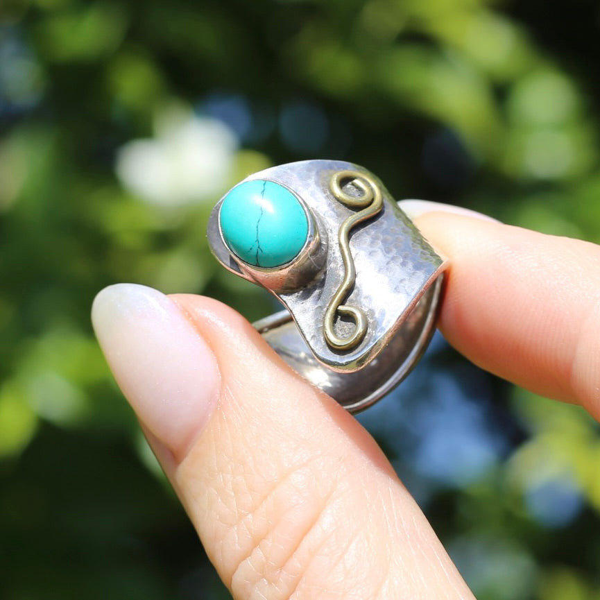 Rustic Silver and Turquoise Cuff Ring, sizeable