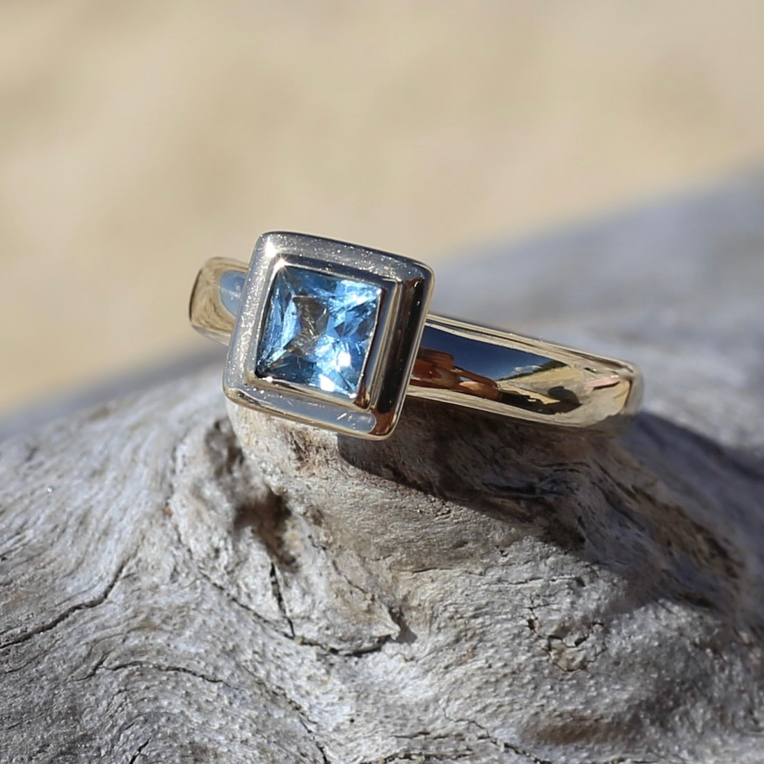 Chunky Bezel Set Princess Cut Blue Topaz, 9ct Yellow Gold, Size M1/2 or 6.5