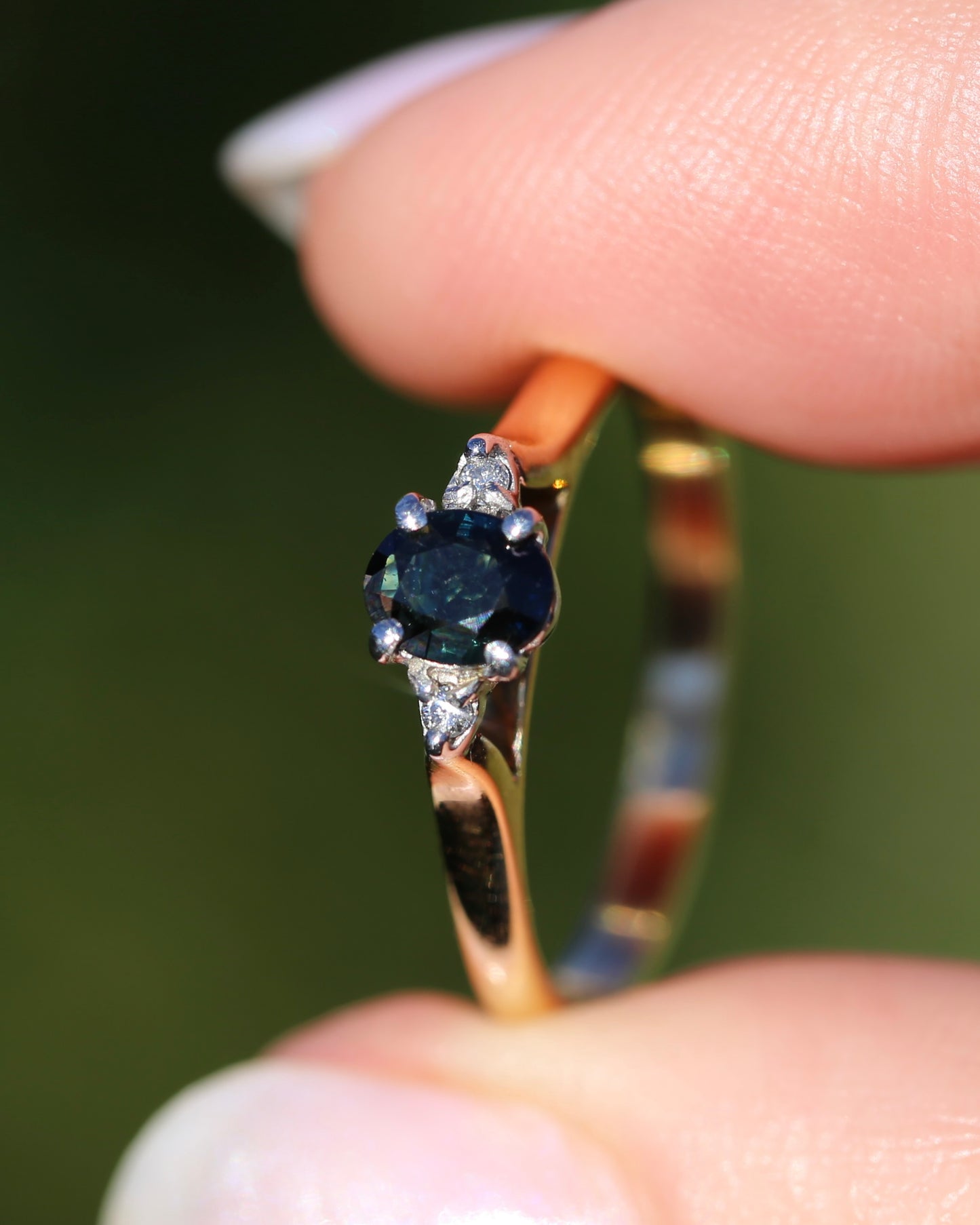 Dark Australian Sapphire and Diamond Dainty Trilogy, 9ct Yellow and White Gold, M1/2 or 6.5, 1.75g