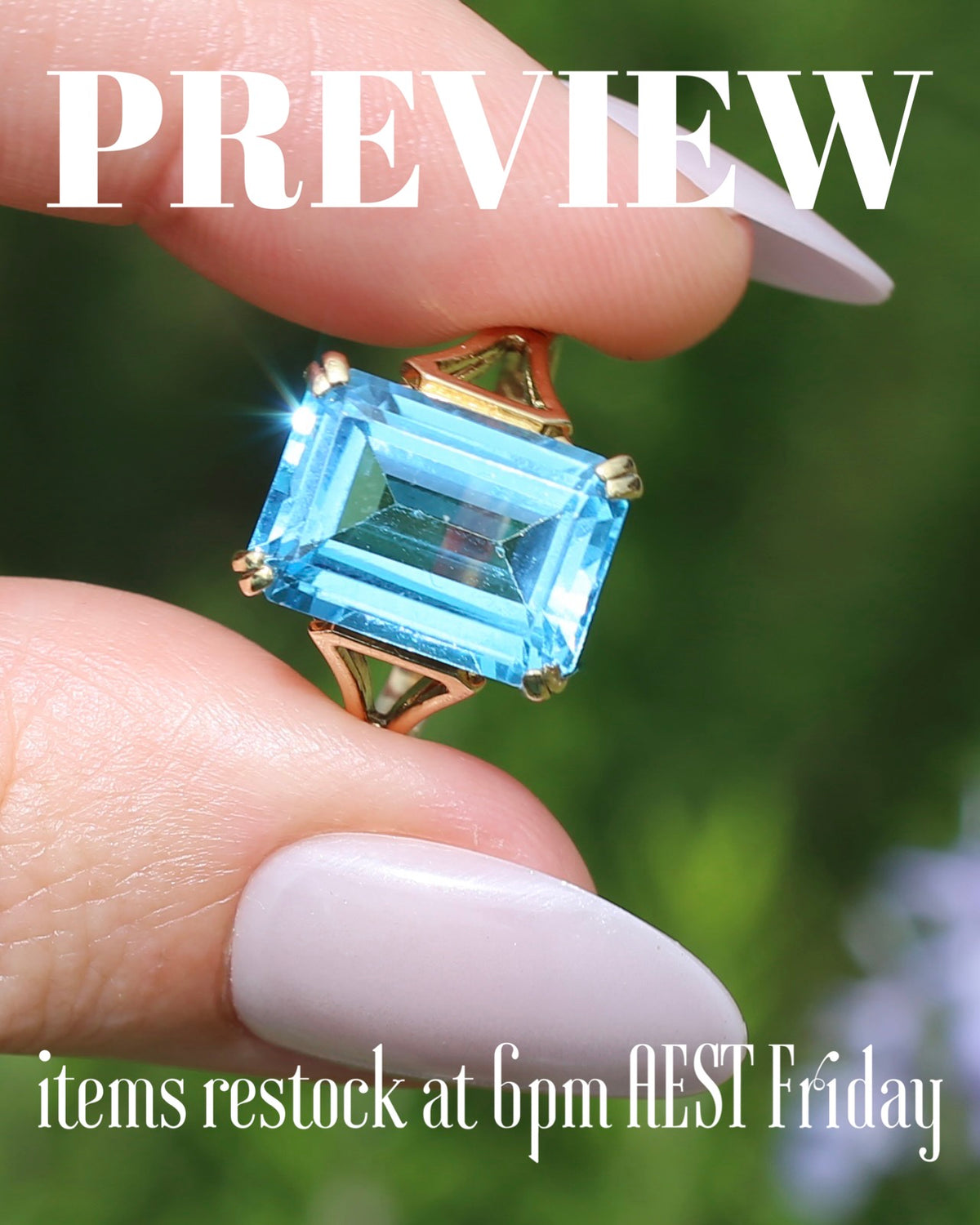 Emerald Cut Blue Topaz Cocktail Ring, 9ct Yellow Gold, size 7.75 or just over P, 4.85g