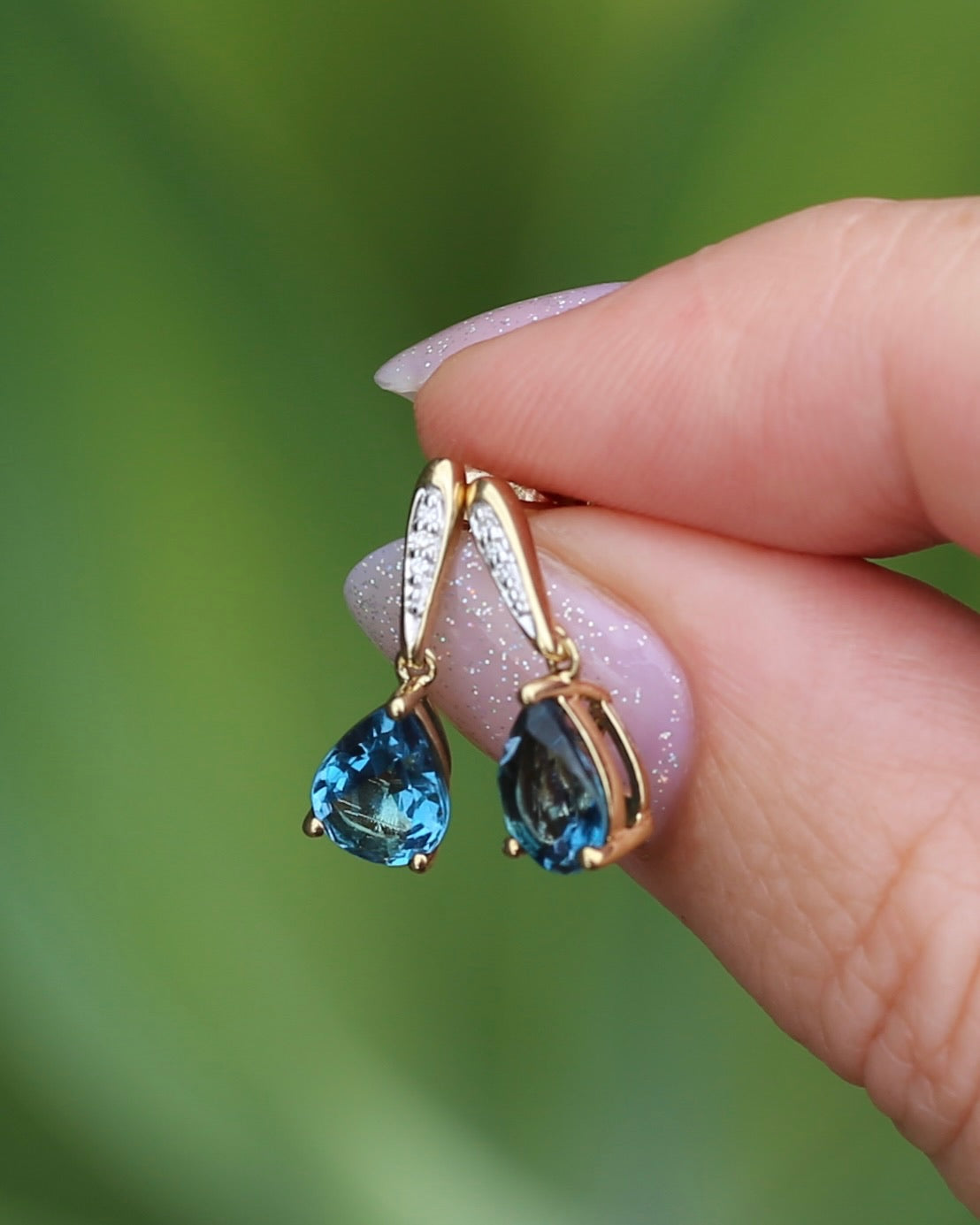 Pear Cut London Blue Topaz Earrings on Illusion Diamond Set Stud Posts, 9ct Yellow Gold, 14ct YG butterflies, 1.87g