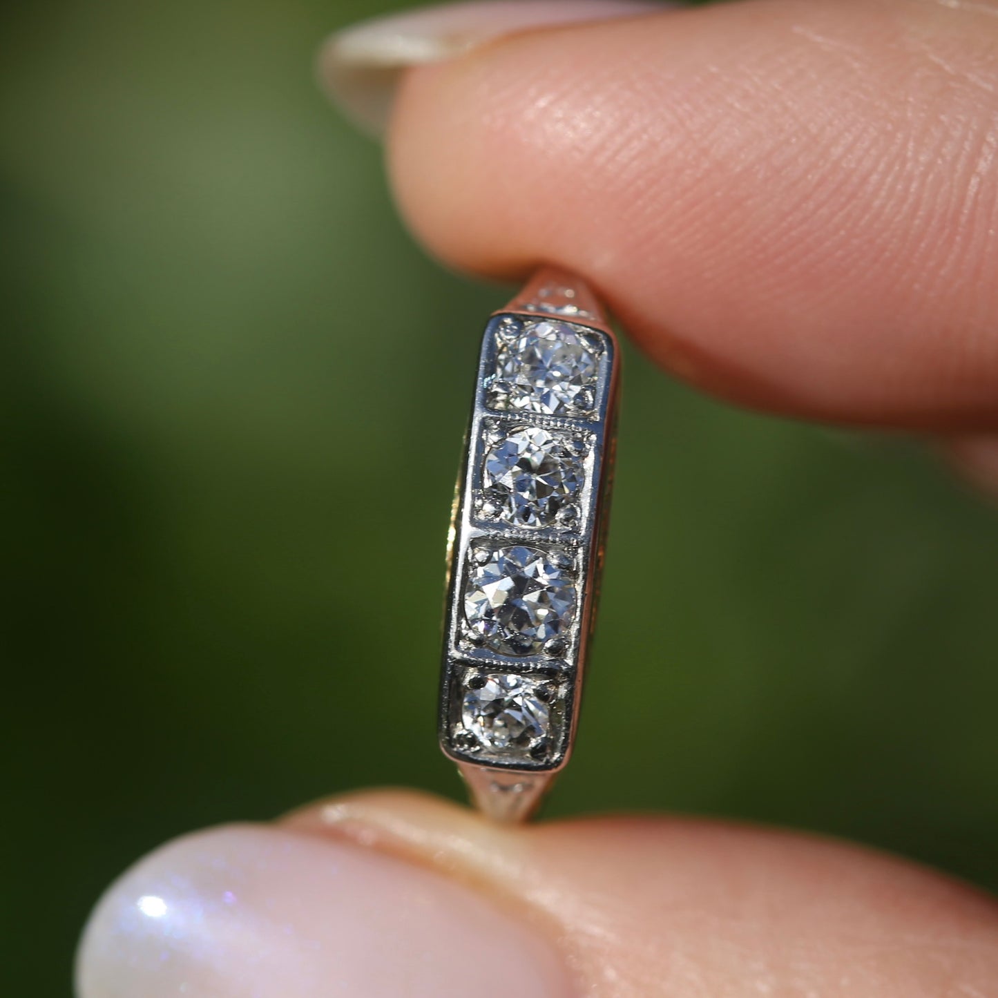 1930s 4 Stone Transitional Cut Diamond Mixed Metal Ring, 18ct Yellow Gold & Platinum, size M or just bigger than 6