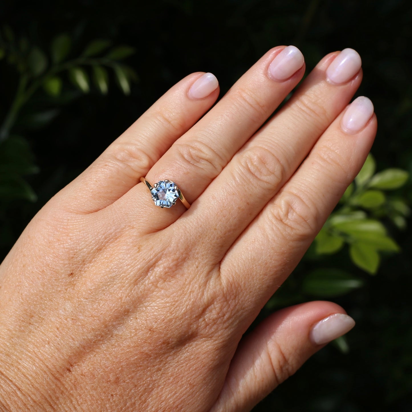 Fancy Hexagonal Cut Pale Blue Zircon Ring, 9ct Yellow Gold, size 7.5 or just over O1/2