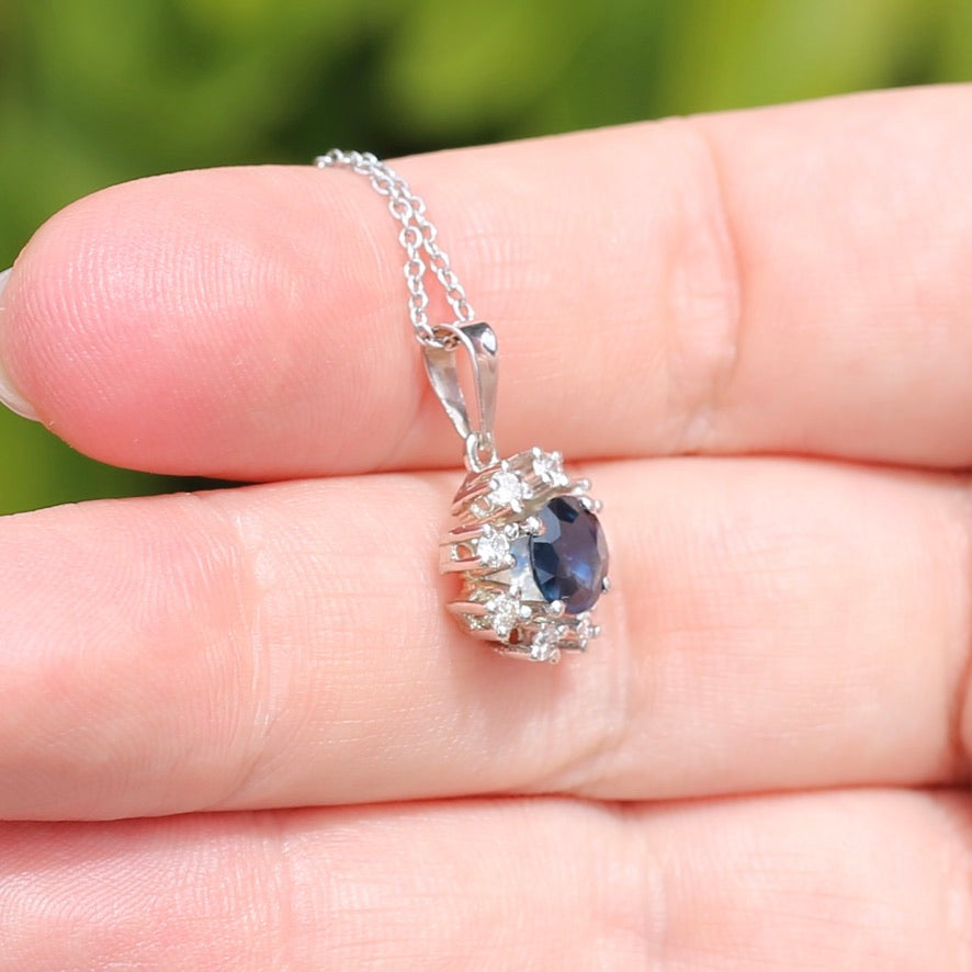 1.15ct Sapphire and Diamond Pendant, 14ct White Gold, with 9ct White Gold Chain