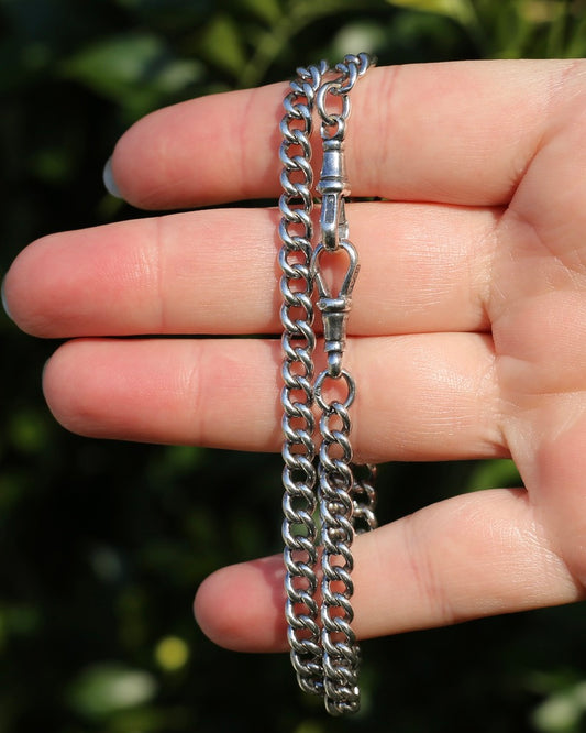 Antique 1913-1914 Birmingham Made Curb Link Watch Chain, Double Albert Clasp, Sterling Silver, 41.5cm