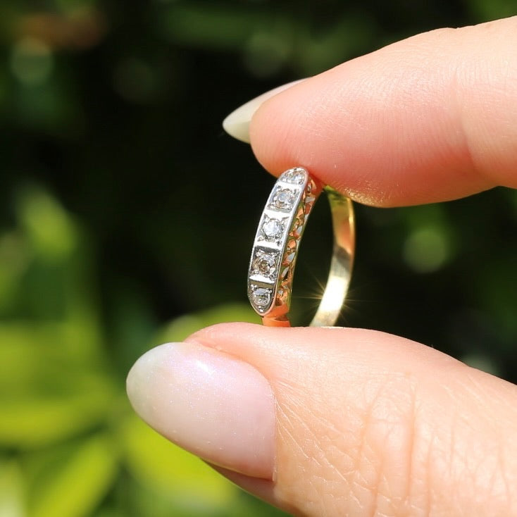 1930s Old Cut 5 Stone Diamond Ring, Platinum and 18ct Yellow Gold, size L or 5.75