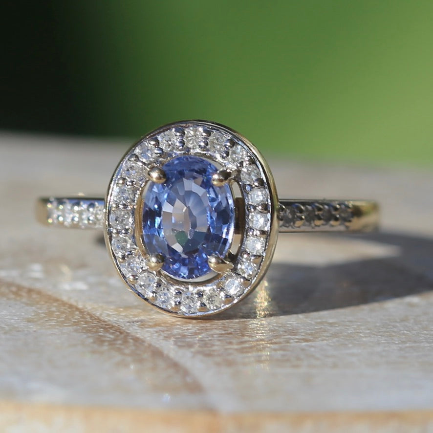 Sapphire and Single Cut Diamond Halo, 9ct Yellow Gold, size 10.25 or just bigger than U