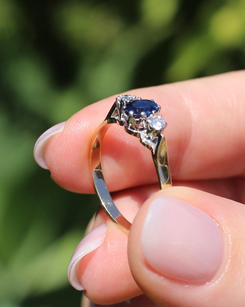 Sapphire and Diamond Trilogy, 9ct Yellow Gold and Palladium, size P or 7.75, 2.32g