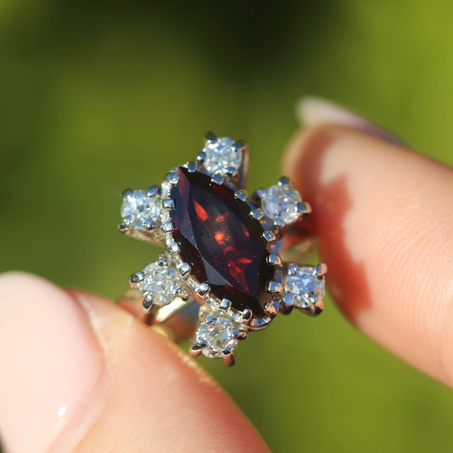 Viking feel Marquise Garnet With 6 Transitional Cut Diamonds, 18ct White and Yellow Gold, size N1/2 or 7