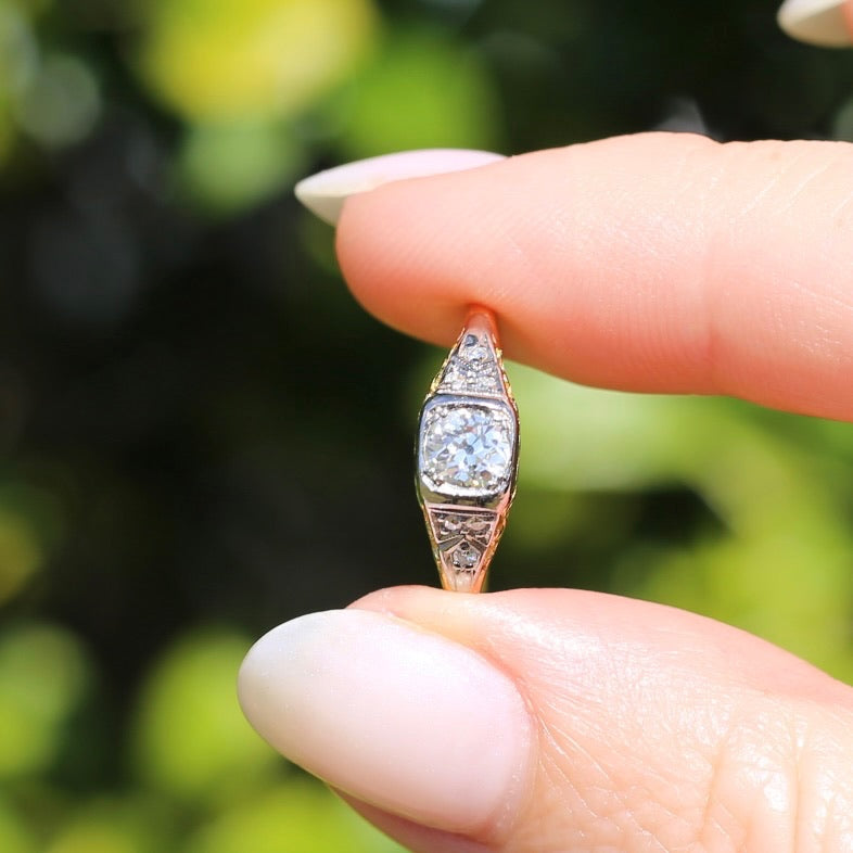 Antique Circa 1915 Old European Cut Solitaire, 18ct White and Yellow Gold, size M1/2 or 6.5