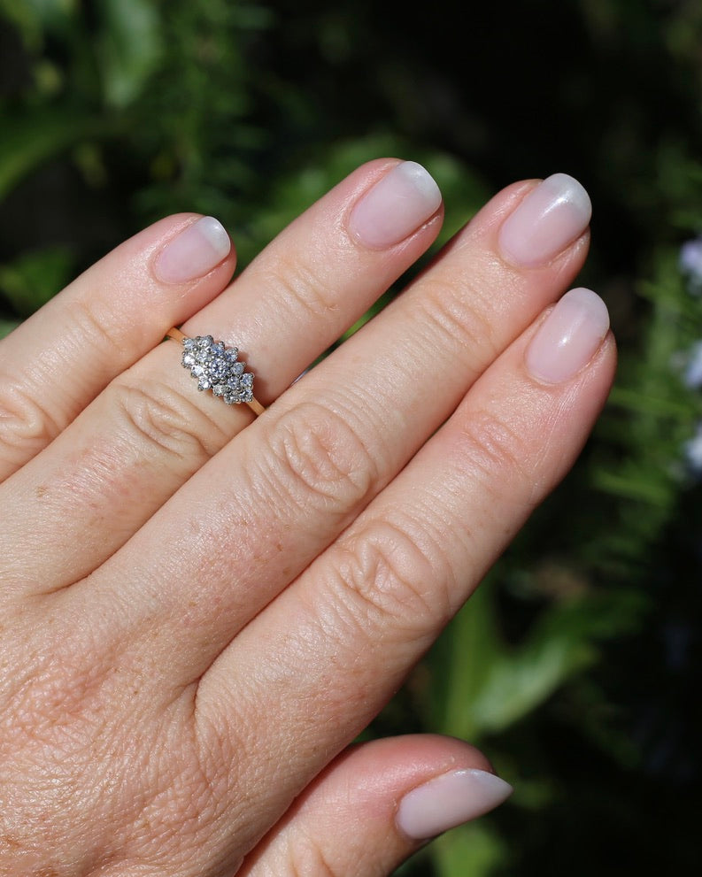 1991 London Made Diamond Cluster Ring, 9ct Yellow and White Gold, size J or 4.75, 2.2g