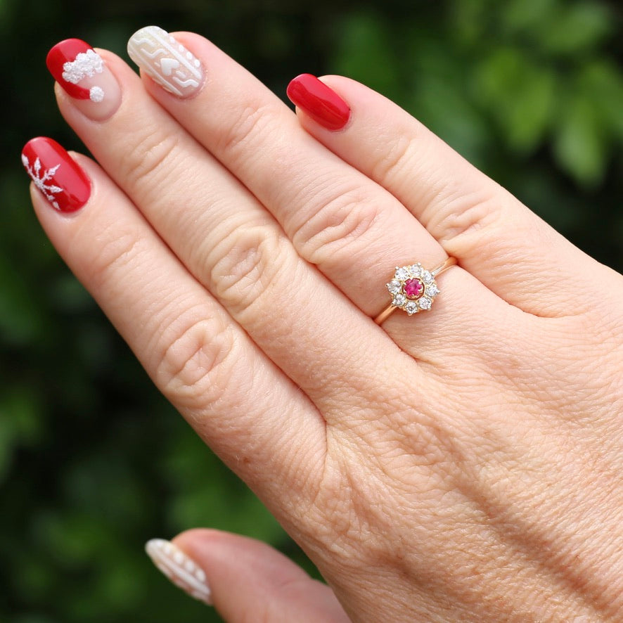 Antique Ruby and Old Cut Diamond Cluster, 15ct Yellow Gold, size O or 7.25 with valuation