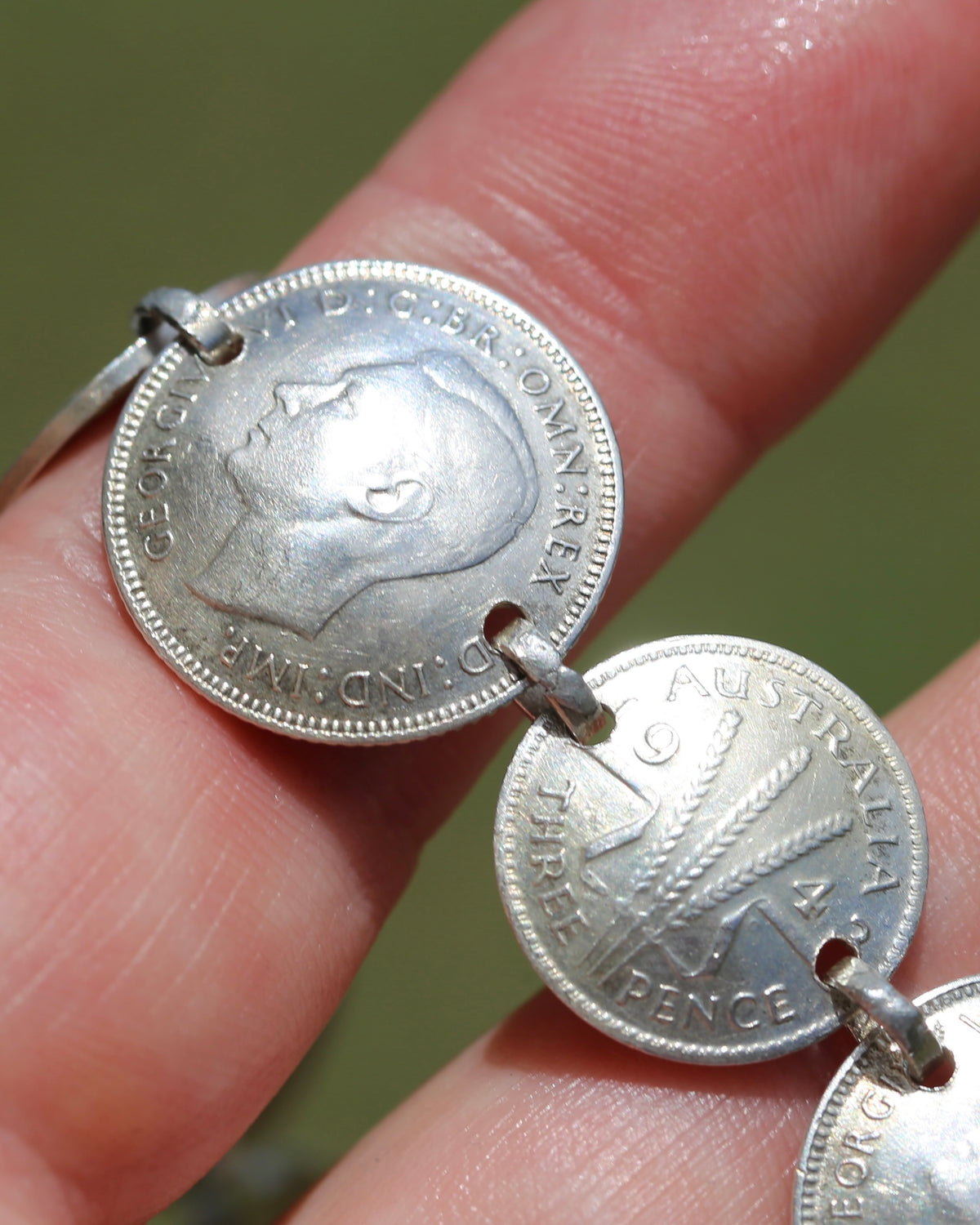 WWII Lucky Sixpence and Threepence Bracelet - coins 1938, 1942, 1943, 1944, 92.5% silver, 17.5cm or just under 7 inches, 19.83g