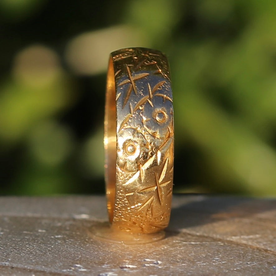 1964 22ct Half Round Band with Crisp Floral Engravings, size U1/2 ot 10.5 (fits about T1/2 or 9.75)