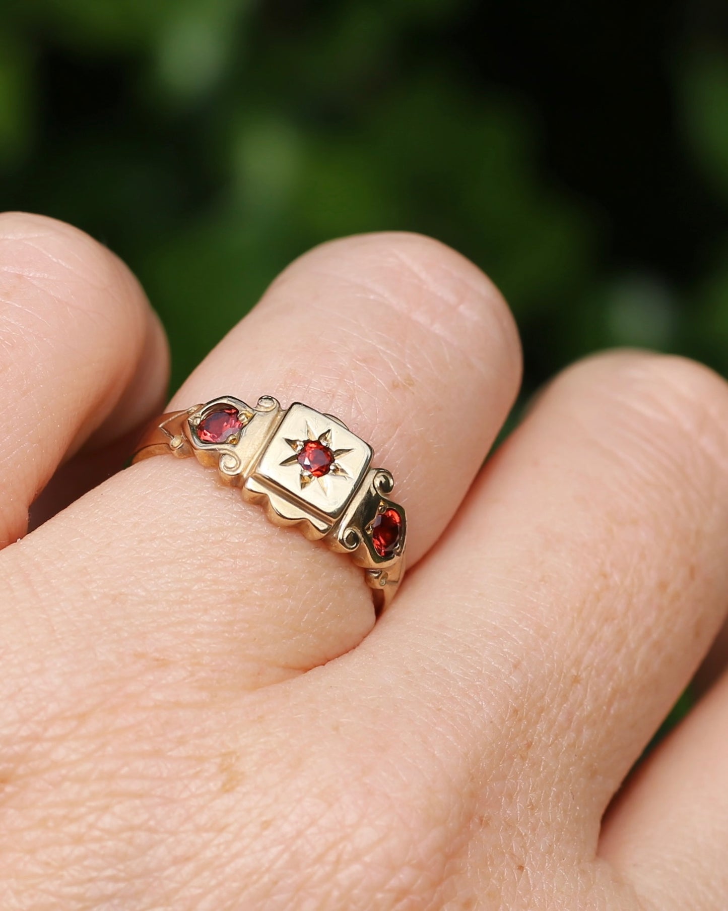 Victorian Revival Garnet Trilogy Star Set Ring, 9ct Yellow Gold, size O1/2 or just over 7.25