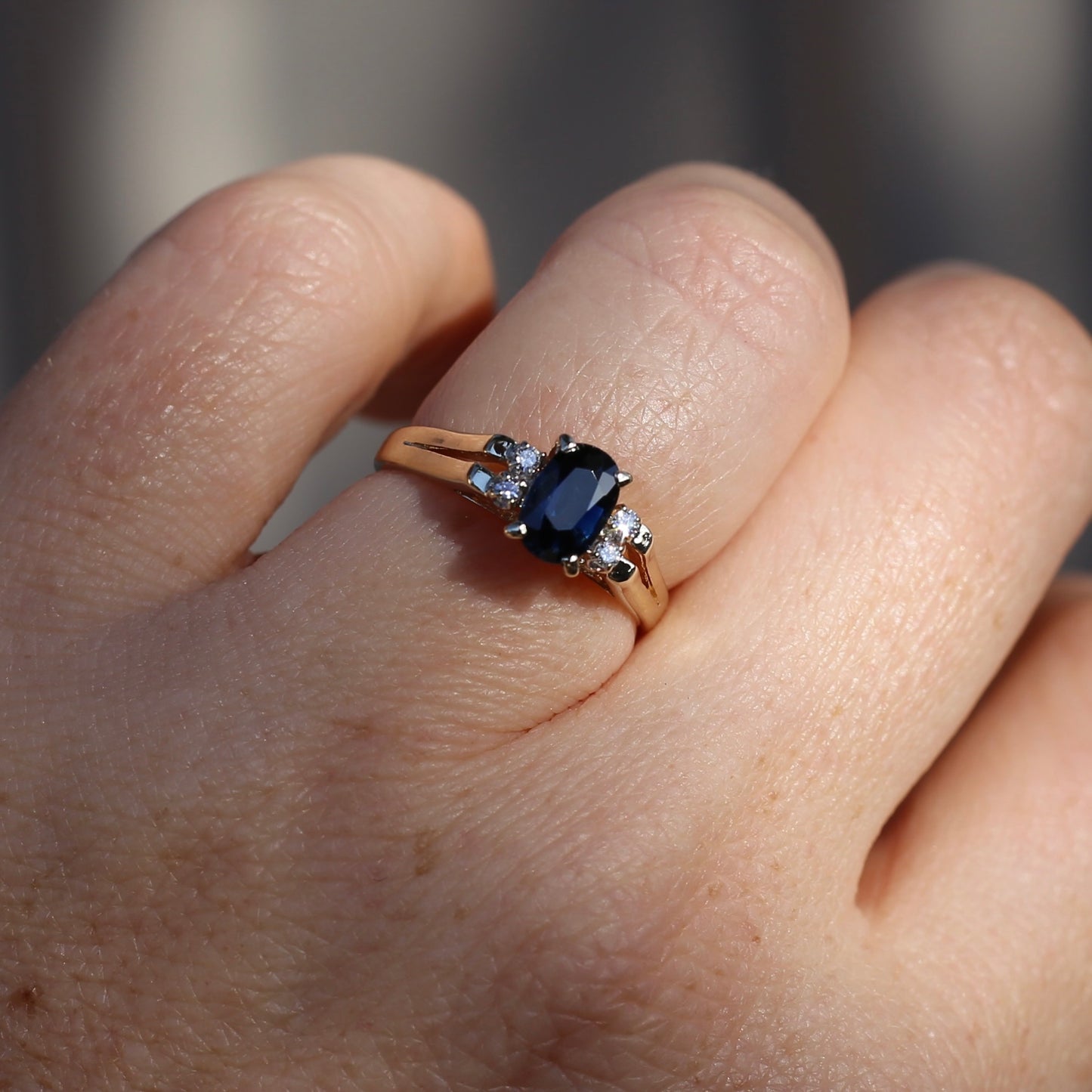 Oval Natural Blue Sapphire with Diamonds, Art Deco Feel Ring, 14ct Yellow Gold, size N or 6.75