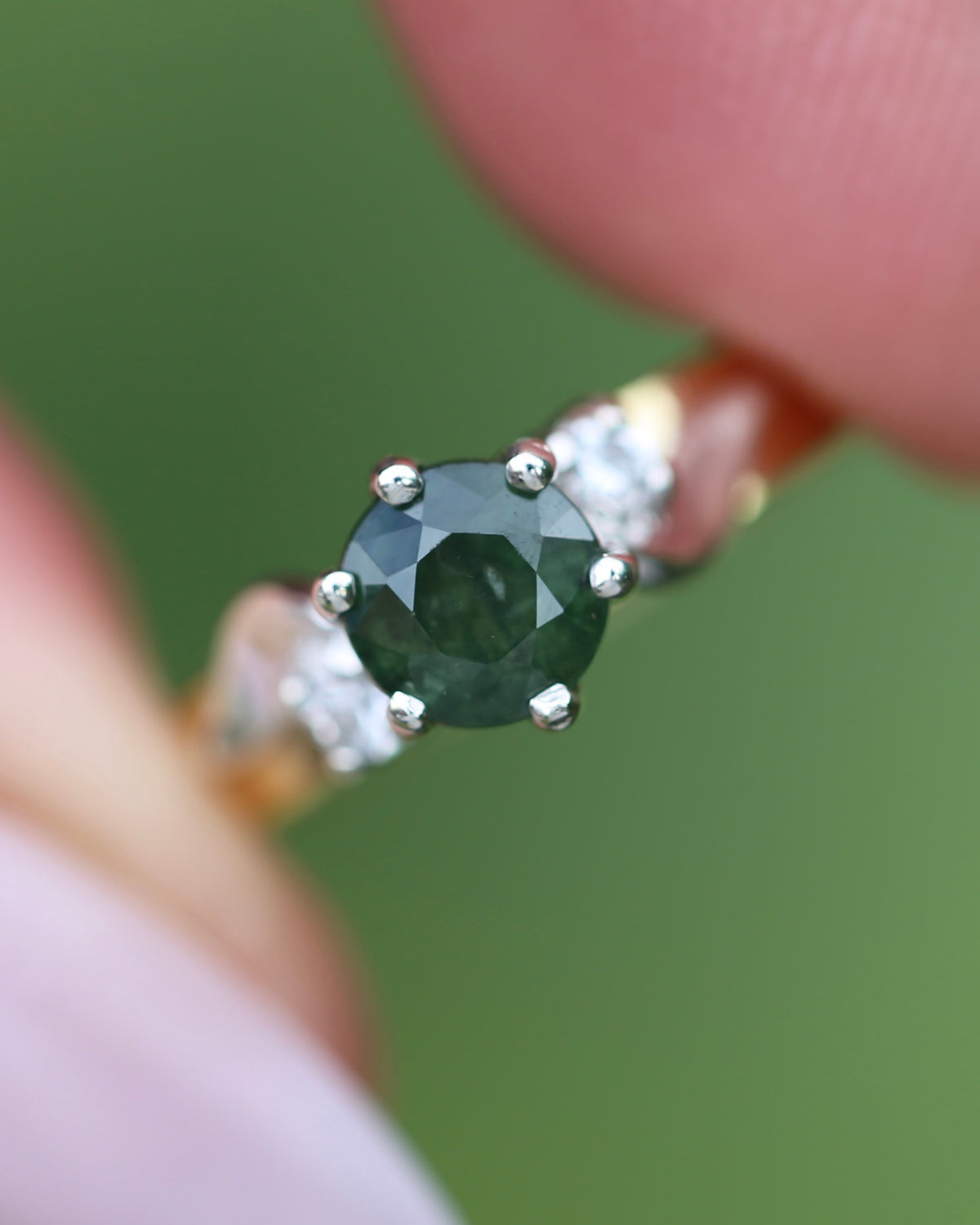 1ct Natural Green Sapphire Ring with White Spinel Side Stones, Silver and 9ct Yellow Gold, size M or 6.25, 2.1g