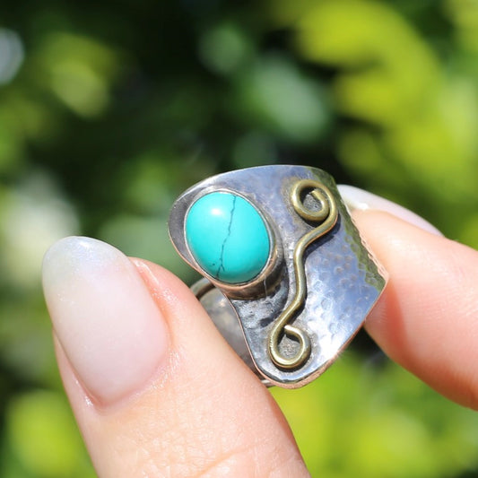 Rustic Silver and Turquoise Cuff Ring, sizeable