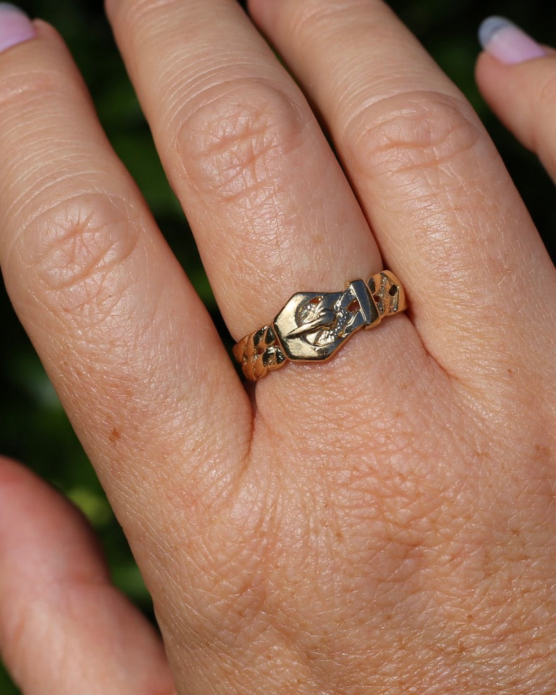 Post 1972 Sheffield Made Buckle Ring, 9ct Yellow Gold, size S1/2 or 9.25, 3.42g