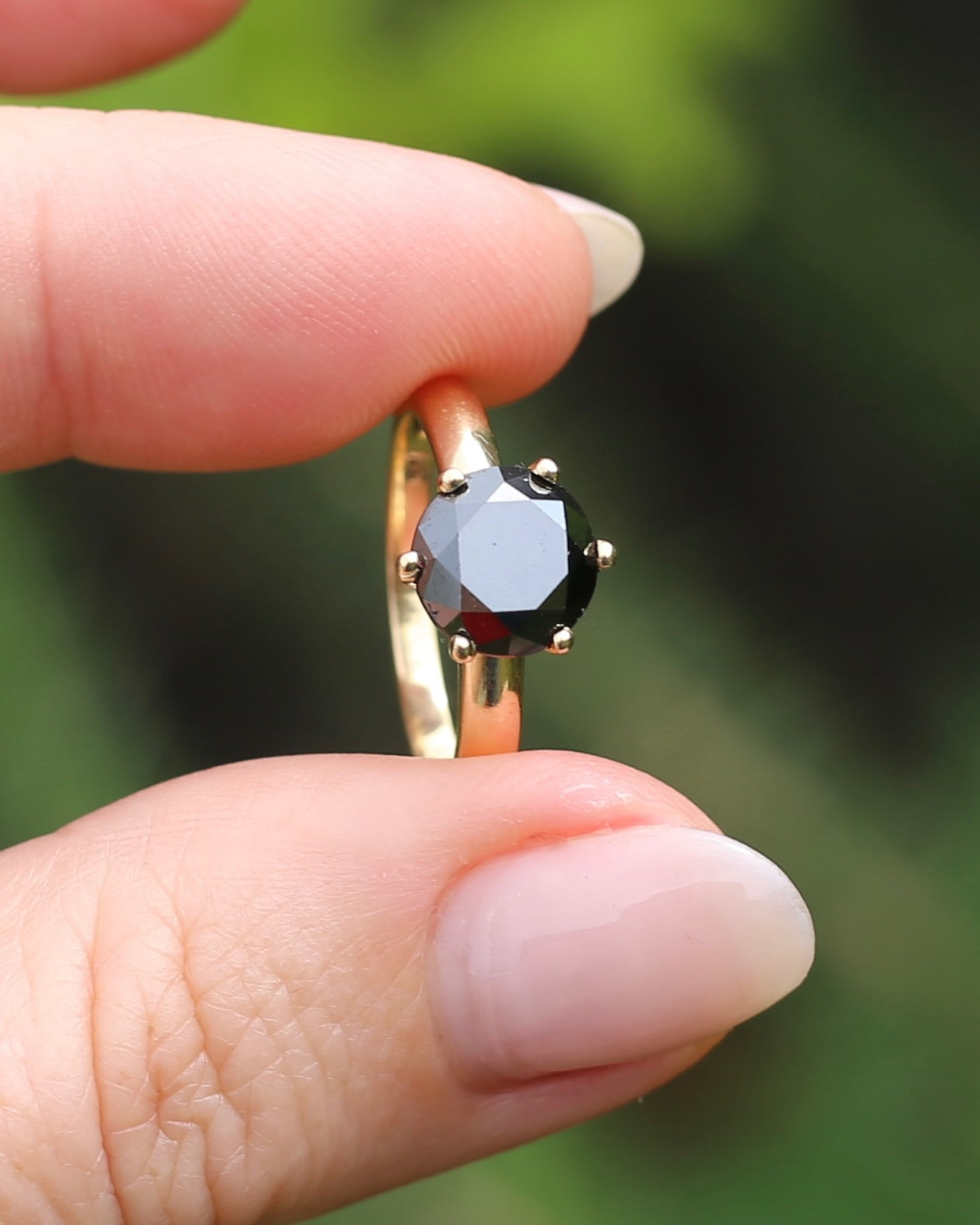 Black Moissanite Solitaire, 6 claw set 14ct Yellow Gold, size N1/2 or nearly 7, 3.63g