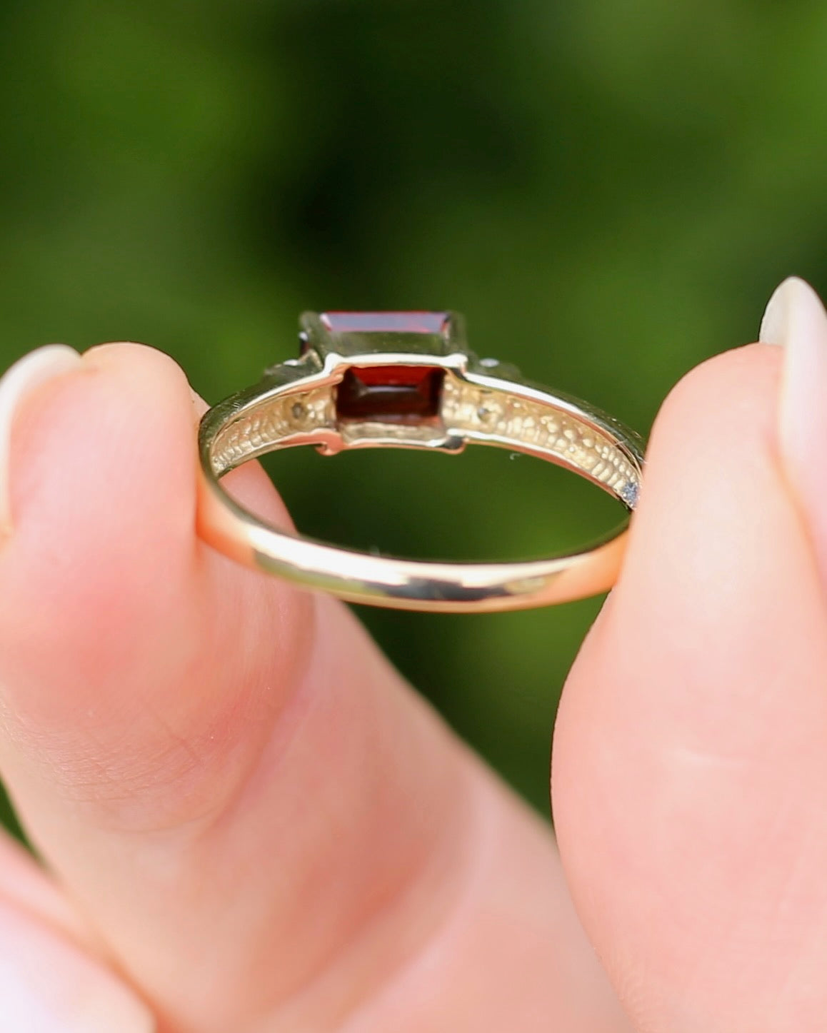 East African East West Set Emerald Cut Garnet and Diamond side stones, 9ct Yellow Gold, size P1/2 or 8