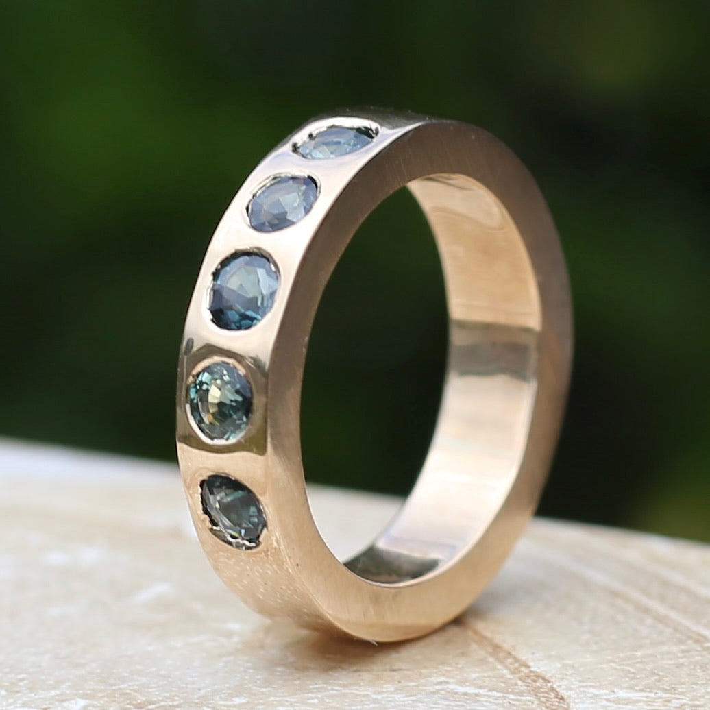 Custom Reclaimed Gold Chunky 9ct Rings with 4mm Parti Sapphires