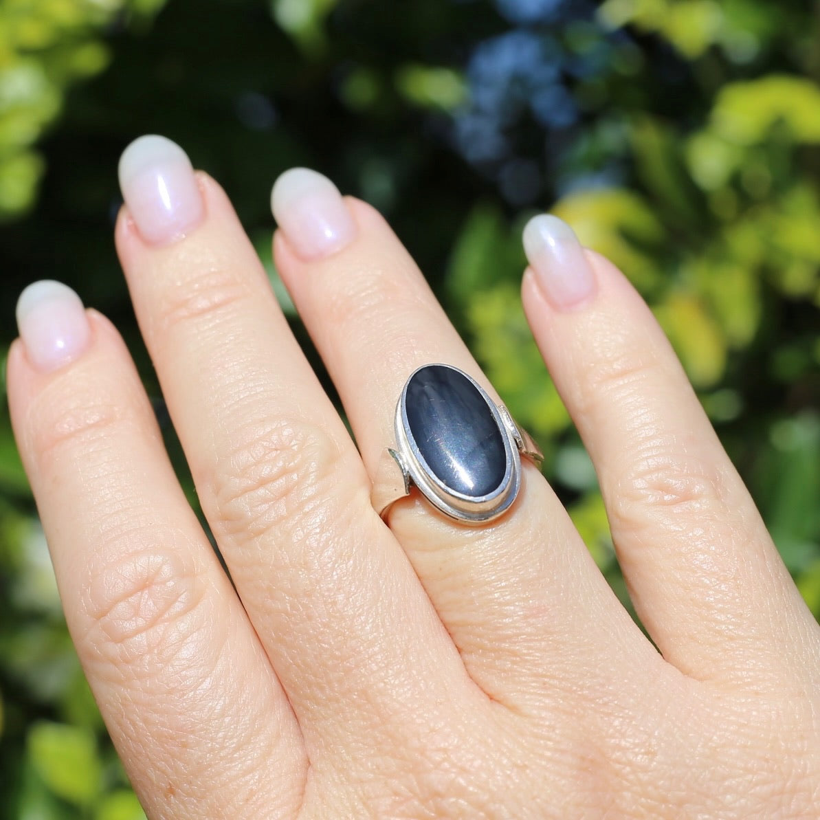 Oval Black Onyx Bezel Set Ring, sterling silver, size L or 5.75