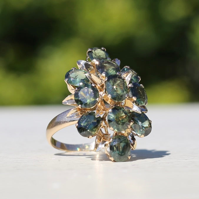 Brutalist Natural Green Sapphire Retro Ring, 14ct Yellow Gold, size 8 or Q