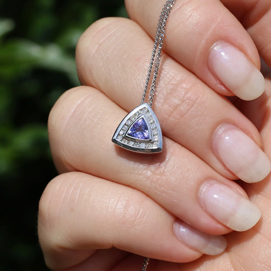 Trilliant cut Tanzanite and Diamond Pendant, 14ct White Gold, with 9ct White Gold Chain